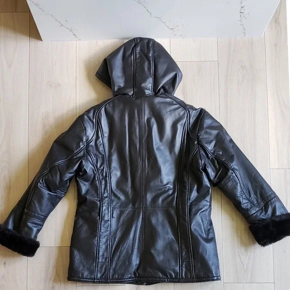 Wilsons Leather Jacket Womens XL Black Faux Fur Lined Hooded Coat Y2K Goth Moto - Picture 2 of 11